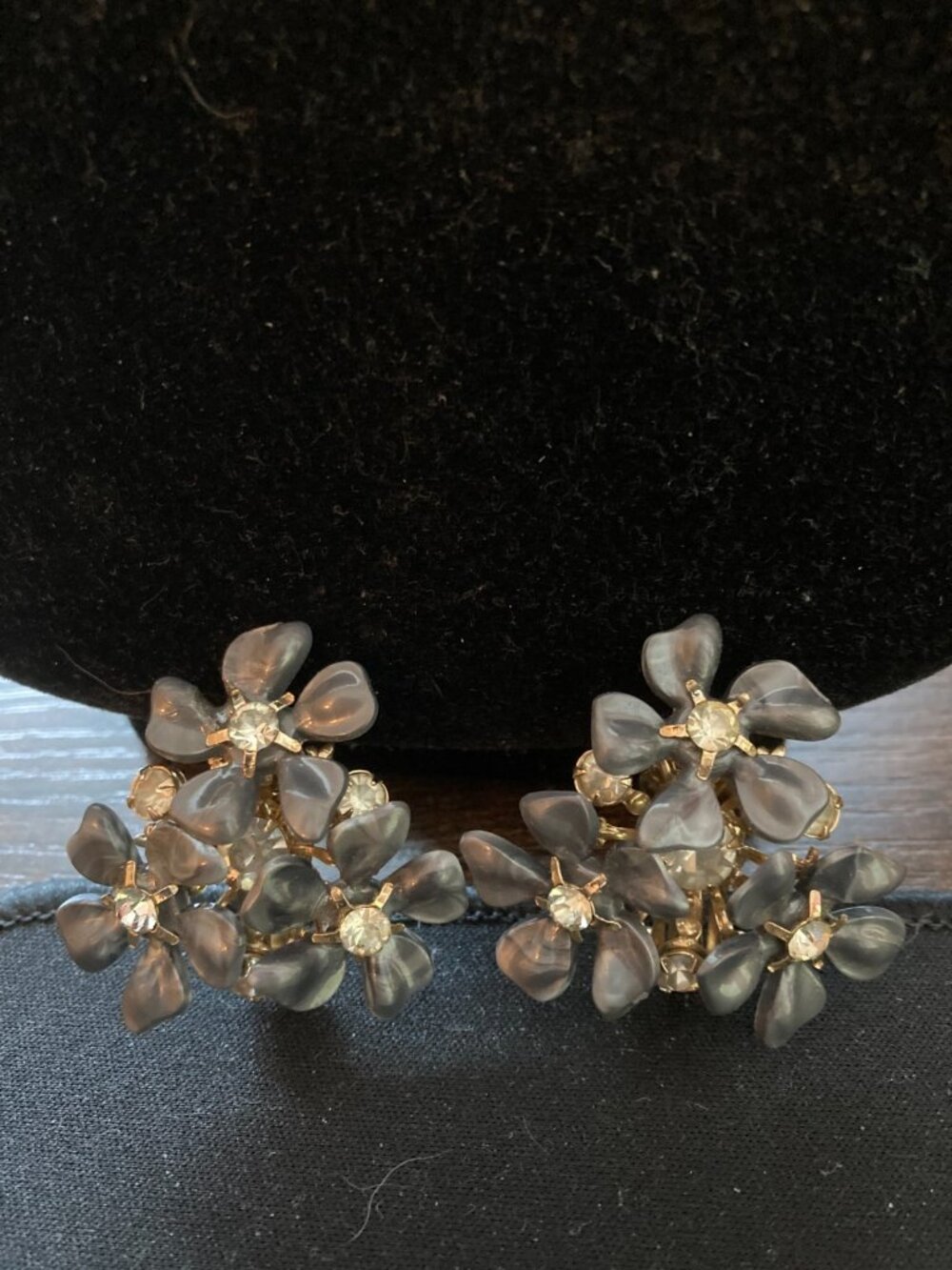 Vintage Lucite Floral Rhinestone Clip Earrings Grey Cluster